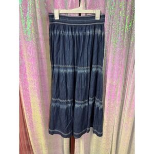Indigo & Lace Women Blue Denim Tiered Maxi Skirt Smocked Waist Boho Embroider L